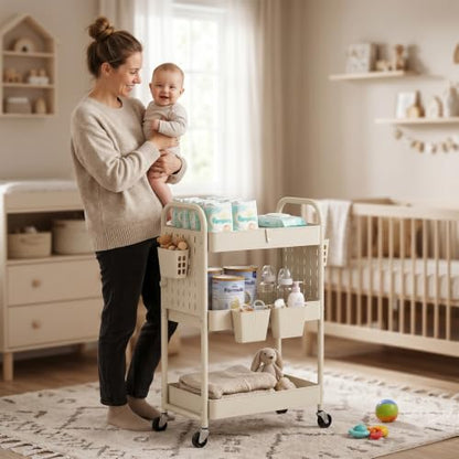 danpinera 3 Tier Rolling Cart with Retractable Dividers, Multi-Functional White Rolling Utility Cart with Pegboards, Hooks & Hanging Cups for Nursery, Living Room, Studio - color: Beige