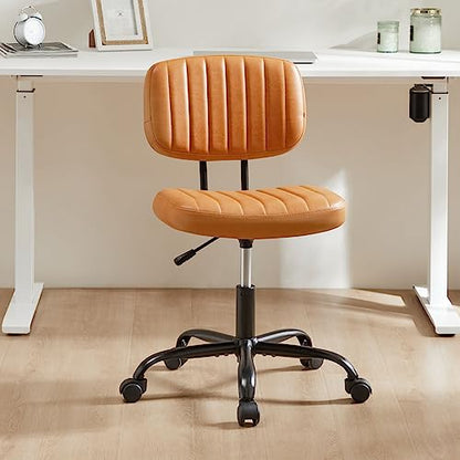 Sweetcrispy Small Office Desk Chair, Armless PU Leather with Comfy Lumbar Support, Height Adjustable Rolling Swivel Task for No Arms, for Adult, Student, Bedroom, Home, Vanity, Brown - color: Leather Brown