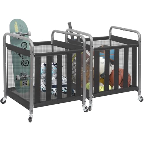 STORAGE MANIAC Ball Storage Bin Rolling Sports Ball Cart, Metal Garage Organizer Sport Rack Basketball Storage Cage for Garage or Gym, Indoor & Outdoor Sports Equipment Organizer - style: Ball Cart 2 Pack