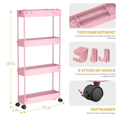 SPACELEAD Slim Storage Cart 4 Tier,Bathroom Organizer Rolling Utility,Mobile Shelving Unit Slide Out for Office, Kitchen, Laundry Room & Narrow Places,Pink - color: Pink