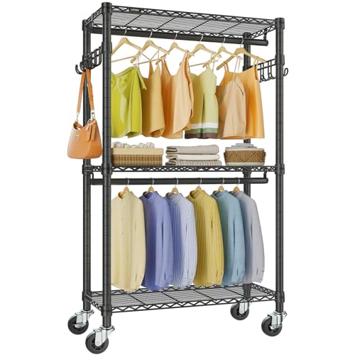 VIPEK R2 Mini Rolling Clothes Rack Heavy Duty Clothing Rack for Hanging Clothes Adjustable Portable Closet Metal Clothes Racks with Wheels Double Rods Side Hooks, Freestanding Garment Rack, Black - color: Black, size: R2 Mini