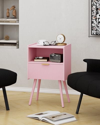 JOONEE Nightstand,Modern Bedside Table with Storage Drawer and Open Wood Shelf, for Living Room, Bedroom and Small Spaces, Accent Night Stand with Solid Wood Legs, Easy Assembly,Classic Pink - color: Pink