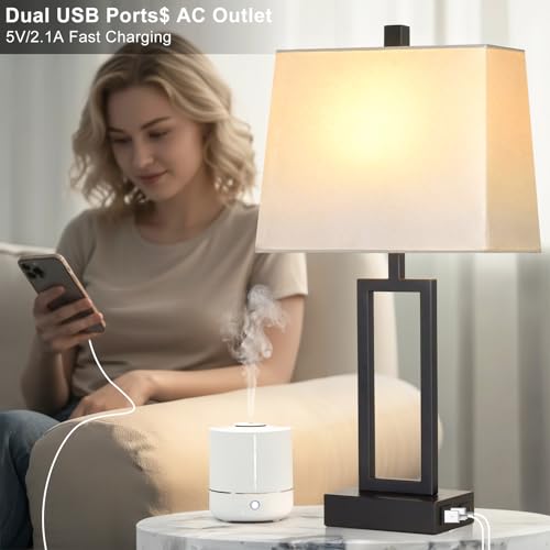 Touch Control Table Lamps with 2 USB Charging Ports & AC Outlets, 23" Tall Modern Nightstand Bedside Lamp for Bedroom, 3-Way Dimmable Metal Table Lamp with Fabric White Shade for Living Room End Table - color: White