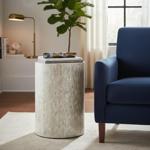 PEMAR Mother of Pearl Cylinder Drum End Table Nacre Side Stool Round Accent Table Coffee Bedside Nightstand and Vanity Stool 13" Diameter x 19.3" High Pearl White & Cream - color: Pearl White