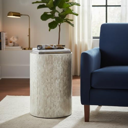 PEMAR Mother of Pearl Cylinder Drum End Table Nacre Side Stool Round Accent Table Coffee Bedside Nightstand and Vanity Stool 13" Diameter x 19.3" High Pearl White & Cream - color: Pearl White