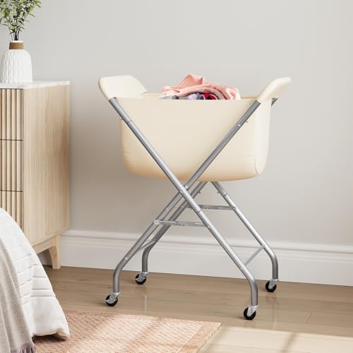ELYKEN Laundry Cart with Wheels, 32”H Easy Rolling Laundry Hamper with Removable Liner Bag, Sturdy Metal Frame Clothes Basket with 4 Casters and 2 Brakes - color: Creamy, size: 23.2"L x 13"W x 32"H