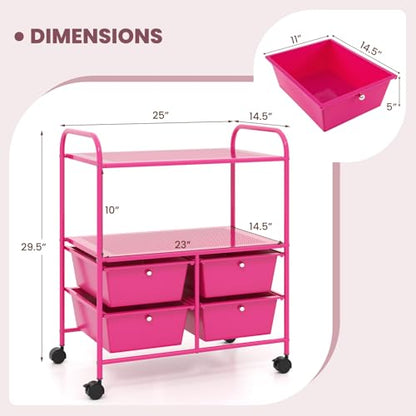 GOFLAME 4-Drawer Rolling Storage Cart with 2 Shelves, Mobile Utility Cart with Removable Drawers and Metal Frame, Art Craft Drawer Cart with Lockable Wheels for Home, Office, School, Studio, Hot Pink - color: Hot Pink