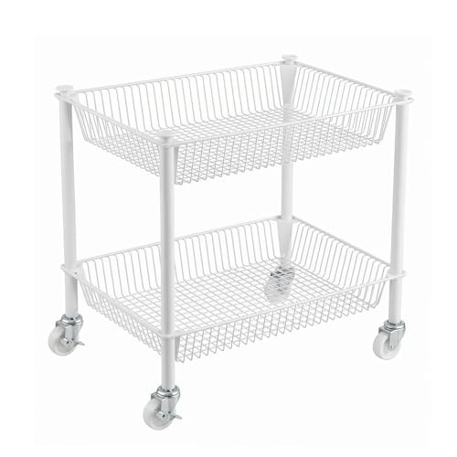 2 Tier Small Utility Cart on Wheels Short Rolling Pantry Cart Thick Metal Wire Basket Stand, Fruit Vegetables Storage Rack for Kitchen, Under Desk Storage for Small Space Bathroom Laundry, White - color: White, size: 2 Tier