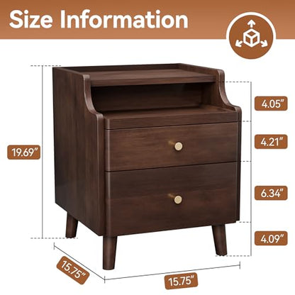 Nightstand with Drawers, Pre-Assembled, 19.7" H Natural Solid Wood Night Stand with Open Sliding Shelf, Mid Century Modern Small Bedside Table Cabinet for Bedroom, Black Walnut 16" - color: Black Walnut, size: 16"
