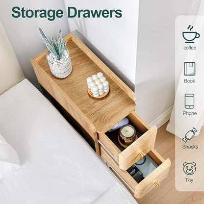 Narrow Nightstand Set of 2, Wooden Small 2 Drawer Nightstand, Slim Side End Table, Skinny Bedside Table, Mid Century Modern Night Stand with Drawers, for Living Room (Natural 2-2 pcs) - color: Natural 2-2 Pcs