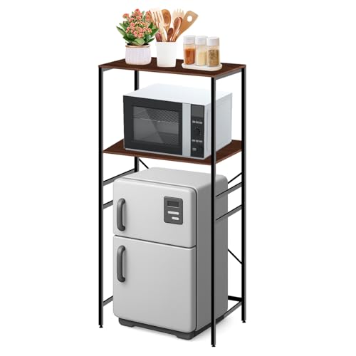 Adjustable Microwave Stand for Mini Fridge - Over Refrigerator Shelf Organizer with Storage Rack, Height Adjustable Space Saver for Dorm, Kitchen, Office Use, Brown