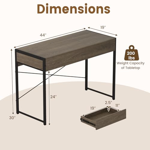 Giantex Computer Desk with 2 Drawers, 44 Inch Home Office Desk with Anti-Toppling Device & Metal Frame, Compact Laptop PC Table, Vanity Table, Modern Study Writing Desk for Small Spaces (Grey Oak) - color: Grey Oak