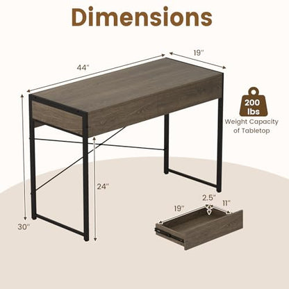 Giantex Computer Desk with 2 Drawers, 44 Inch Home Office Desk with Anti-Toppling Device & Metal Frame, Compact Laptop PC Table, Vanity Table, Modern Study Writing Desk for Small Spaces (Grey Oak) - color: Grey Oak