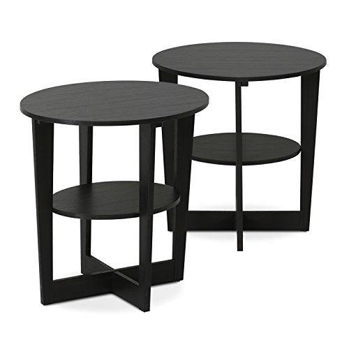 Furinno JAYA Side Table Set of 2, 2-Tier Round Modern End Table with Oval Tabletop, Night Stand, Bedside Table with Open Shelf, for Living Room, Bedroom, Walnut - color: Walnut, size: 2-Pack, 2 Tiers, Oval Panel