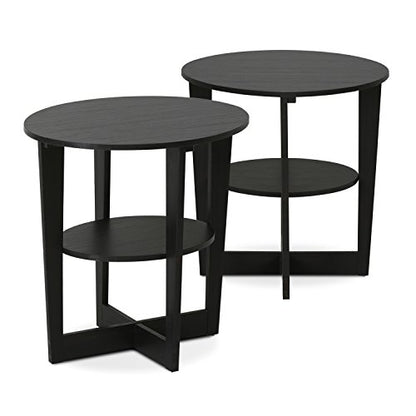 Furinno JAYA Side Table Set of 2, 2-Tier Round Modern End Table with Oval Tabletop, Night Stand, Bedside Table with Open Shelf, for Living Room, Bedroom, Walnut - color: Walnut, size: 2-Pack, 2 Tiers, Oval Panel