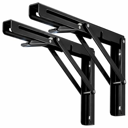 300 lb Heavy Duty Folding Shelf Brackets 8 Inch, 2 Pack Black Cold-Rolled Steel Folding Brackets with Easy-Release Tab, Collapsible Wall Mount Brackets for Laundry Table, Garage Workbench, RV - color: Black, size: 8 Inch