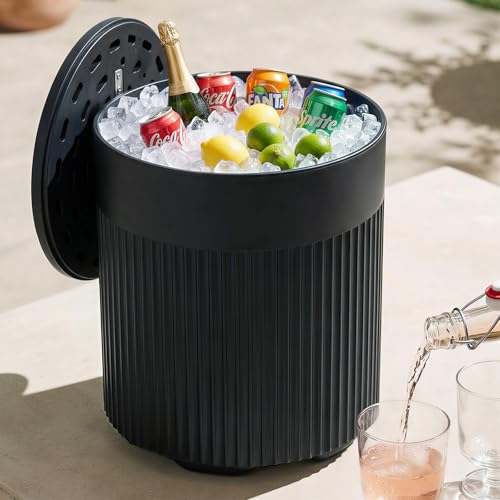 PASAMIC Outdoor Cooler Side Table, 3-in-1 Patio Ice Cooler Table with Storage, HDPE Outdoor Table with Drain Plug, Holds 24 Cans & Fits Wine Bottles, Poolside Deck Backyard (Charcoal)