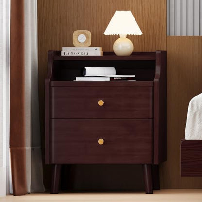 15.7" Solid Wood Nightstand with Drawers & Tray,Black Walnut | Perfect for small spaces, this slim bedside table features a pull-out tray, cable routing, and minimal easy assembly - color: Black Walnut, size: 16"