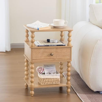 AWASEN Night Stand with Drawer, Bedside Table with Storage, 3-Tier Small Nightstand End Table for Bedroom with Solid Wood Spindle Legs, Rustic Walnut - color: Rustic Walnut