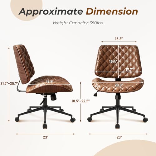 Furnimart Armless Small Desk Chair with Wheels, 360° Swivel Faux Leather Vanity Chair for Bedroom, Compact Home Office Task Chair for Small Spaces, Heavy-Duty Wood Frame(PU Brown) - color: Faux Leather-brown