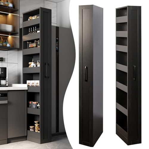 Tall Narrow Storage Cabinet, 71 Inch Tall, 8 Inch Wide, Black | 7-Shelf Slim Pull-Out Organizer with Wheels for Small Spaces, Kitchen, Bathroom, Laundry Room and Narrow Gaps - color: D-black