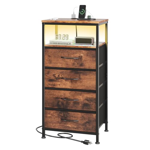 OLIXIS Nightstand with Charging Station, 4-Drawer Bedside Table with USB Ports & Type-C, Bedroom Night Stand with Fabric Drawers and Open Shelf, Tall Narrow End Table for Small Bedroom, Rustic Brown - color: Rustic Brown, size: 15.7"Dx11.8"Wx33.6"H(4-Draw