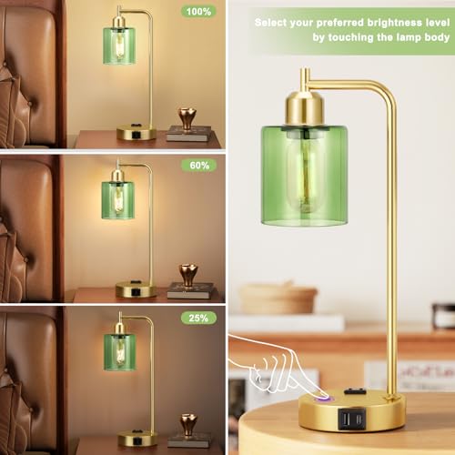 Innqoo Industrial Green Table Lamps for Bedrooms Set of 2-3-Way Dimmable Desk Lamp with USB C+A Ports and Outlet, Gold Lamps with Green Glass Shade for Living Room - color: Green Shade& Gold Base