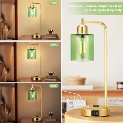 Innqoo Industrial Green Table Lamps for Bedrooms Set of 2-3-Way Dimmable Desk Lamp with USB C+A Ports and Outlet, Gold Lamps with Green Glass Shade for Living Room - color: Green Shade& Gold Base