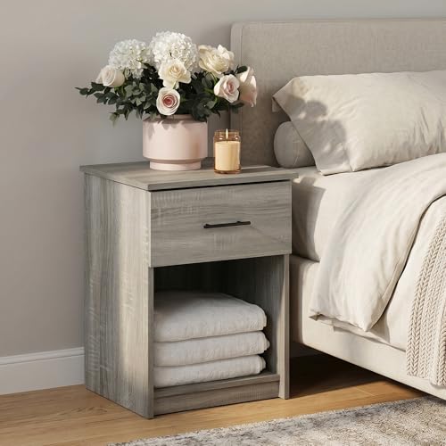 Nightstand with Drawer, Side Table with Storage Shelf, Bar Handle Drawer Bedside Table, End Table, Night Stand, for Living Room, Bedroom, French Oak Grey - color: French Oak Grey, size: Set of 1, Bar Handle
