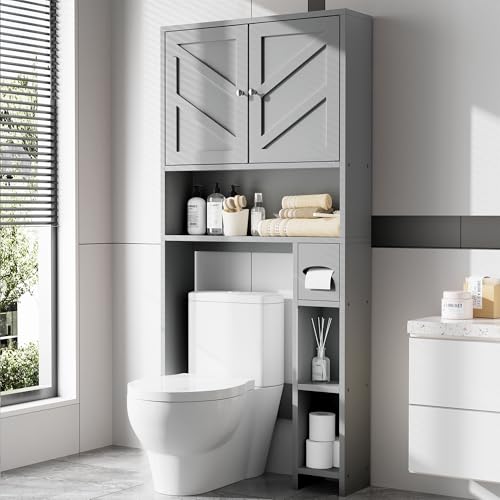 Farmhouse Storage Cabinet Over Toilet with Toilet Paper Holder Stand, Freestanding Bathroom Storage Organizer Cabinet, Grey - color: Grey