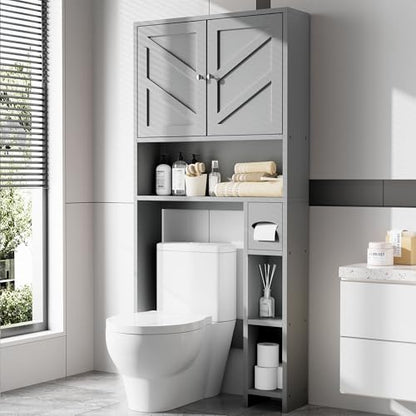 Farmhouse Storage Cabinet Over Toilet with Toilet Paper Holder Stand, Freestanding Bathroom Storage Organizer Cabinet, Grey - color: Grey