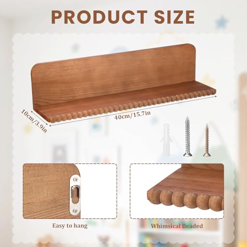 Novabright Nursery Book Shelves for Wall Set of 3 Floating Shelves,Brown | 16 Inch Organizer with Beaded Design, Bookshelf, Nursery, Bedroom, Living Room, Kitchen