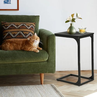 FDW C-Shaped End Table Wooden Top Side Table Adjustable Feet Small Cough Table Bedside End Table with Metal Frame for Bedroom Living Room,Set of 2,Black - color: Black