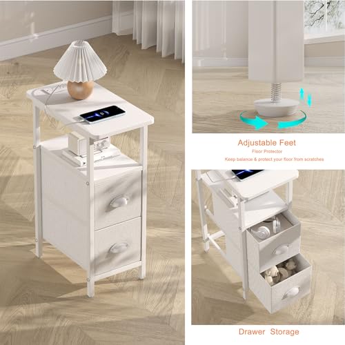 sthmec Narrow End Table with Charging Station, Narrow Side Table with 2 Fabric Drawers, LED End Table, Slim Nightstand with LED Light, Small Side Table for Small Spaces, Living Room, Bedroom, White - color: White, size: 7.87'' W x 15.75'' D x 24.37'' H, s