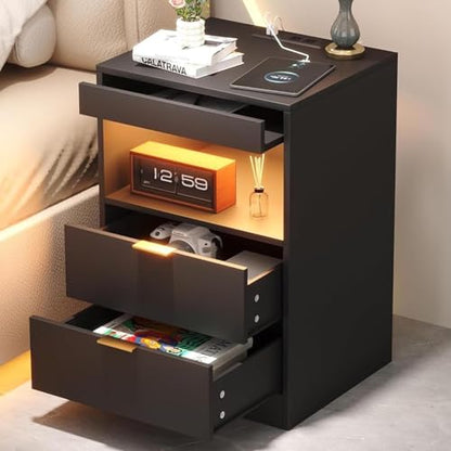 Yusong Night Stand, Black Nightstand, LED Nightstand with Charging Station, Modern Night Stand, Bedside Table, Wood Sofa Couch End Side Table with 2 Pull-Out Shelf - color: Black 001