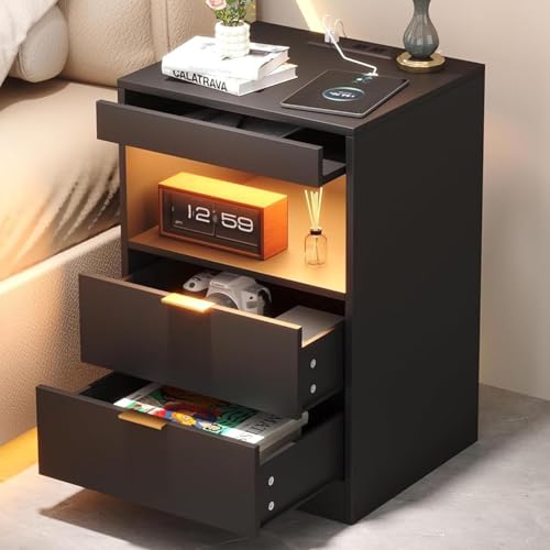Yusong Night Stand, Black Nightstand, LED Nightstand with Charging Station, Modern Night Stand, Bedside Table, Wood Sofa Couch End Side Table with 2 Pull-Out Shelf - color: Black 001