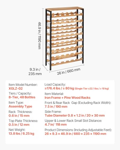 VEVOR 48 Bottle Wine Rack,8-Tier Iron Wine Bottle Holder with Wood Table Top,Freestanding Floor Display Wine Storage Shelves,for Kitchen Pantry, Cellar, Bar, Dining Room,26''L X 9.3''W X 46.9''H - size: 48 Bottles