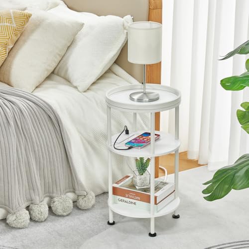 Small Round End Table with Charging Station, 3-Tier Accent Couch Beside Table with USB Ports & Power Outlets, Sofa Side Table for Living Room Small Nightstand Bedroom (USB Charger, White) - color: White, style: USB Charger