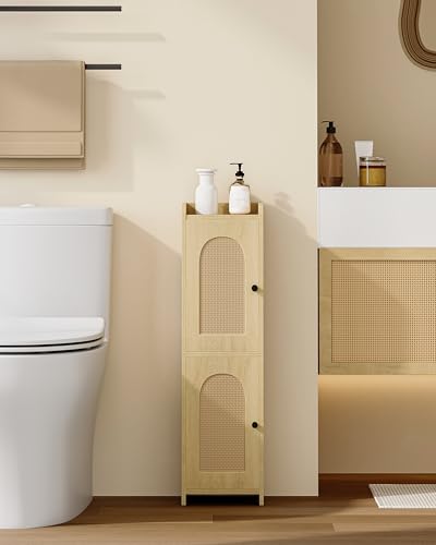 Hzuaneri Bathroom Storage Cabinet, Small Corner Floor Cabinet with 2 Doors and Adjustable Shelf, Narrow Toilet Paper Cabinets, Bathroom Organizer for Small Spaces, 7.9"D x 7.9"W x 29.5"H Rattan Yellow - color: Rattan Yellow, size: 7.9"D x 7.9"W x 29.5"H