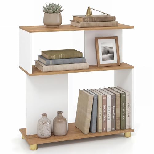 GOFLAME 3-Tier Geometric Bookcase, S-Shaped Bookshelf with 2 Open Back Compartments, Modern Display Rack, Narrow Compact Side End Table Nightstand for Living Room, Home Office (1,White & Natural) - color: White & Natural