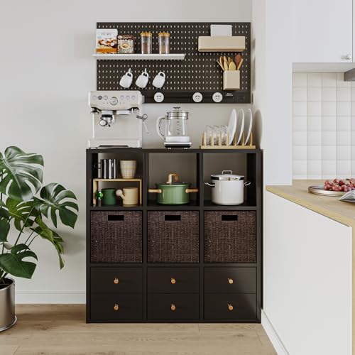 IRONMIX Metal 9 Cube Storage Organizer, Short Black Bookshelf with Storage, 3 Tier Display Shelf, Modern Cube Storage Shelf, Sideboard Cabinet for Small Places, Living Room, Home Office, Study - color: Black, size: 1037-9 Cube
