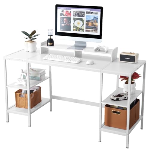 MINOSYS Computer Desk 55-inch with Storage Shelf - White Ideal Gaming Desk for Bedrooms, Small Spaces, and Home Offices Modern Writing Desk for PCs. - color: Tx-white, size: 55 Inch