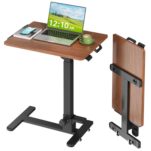 Foldable Mobile Standing Desk, 27 Inch Small Rolling Laptop Cart Height Adjustment, 90° Tiltable Bedside Table, No Assembly Needed Portable Computer Workstation, Dark Wood - color: Dark Wood