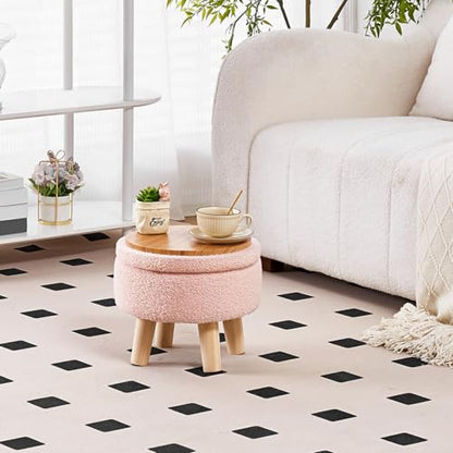 Wimarsbon Storage Ottoman, Modern Round Footrest with Soft Padded Seat, Teddy Velvet Footstool with Wood Legs, Accent Small Table or Plant Stand for Hallway, Living Room (Pink) - color: Pink