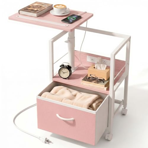 Faesun Swivel Lift Top Nightstand with Charging Station, Rolling Side Table for Recliner, Bedside Table with Wheels & a Fabric Drawer, for Small Spaces, for Bedroom, Living Room, Pink - color: 09 - Pink, size: 1 Drawer