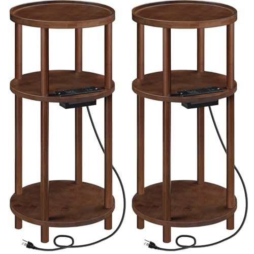 HOOBRO Set of 2 Small Round Side Tables with Charging Station, 3-Tier Round Bamboo End Tables, Compact Sofa Bedside Tables, Easy Assembly, for Living Room, Bedroom, Apartment, Mocha MA152UBZP201 - color: Mocha