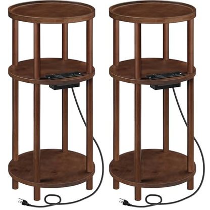 HOOBRO Set of 2 Small Round Side Tables with Charging Station, 3-Tier Round Bamboo End Tables, Compact Sofa Bedside Tables, Easy Assembly, for Living Room, Bedroom, Apartment, Mocha MA152UBZP201 - color: Mocha