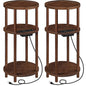 HOOBRO Set of 2 Small Round Side Tables with Charging Station, 3-Tier Round Bamboo End Tables, Compact Sofa Bedside Tables, Easy Assembly, for Living Room, Bedroom, Apartment, Mocha MA152UBZP201 - color: Mocha