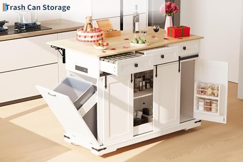 Garvee 54" Kitchen Island with Drop Leaf & Power Outlet | Large Rolling Cart with Trash Cabinet, 2 Sliding Barn Doors, 3 Drawers Mobile Island Table, Spice Rack & Towel Rack, White - color: White & Oak