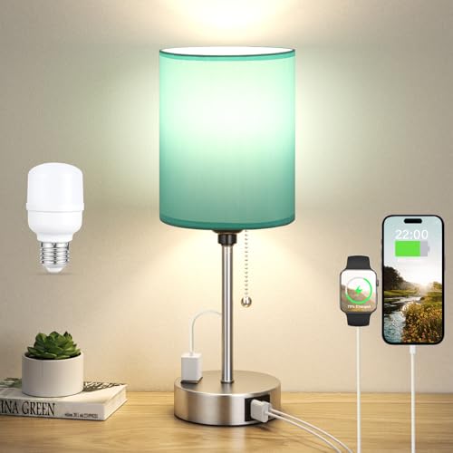 Dicoool Teal Bedside Lamp for Nightstand - 3 Color Temperature Table Lamp with USB C and A Ports, Pull Chain Lamp for Bedroom with AC Outlet, Coastal Desk Lamp with Silver Metal Base for Kids Girls - color: Teal-Silver, size: 14.6 in